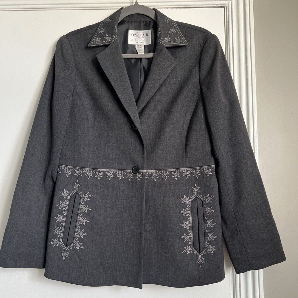 Oscar de la Renta Sz 6P Women's Gray Wool Blazer Jacket Embroidered EXCELLENT